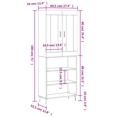 vidaXL Highboard White 69.5x34x180 cm Engineered Wood