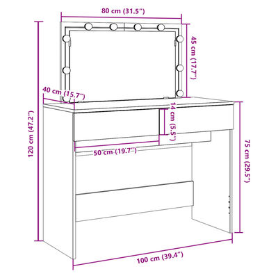 vidaXL Dressing Table with LED Smoked Oak 100x40x120 cm