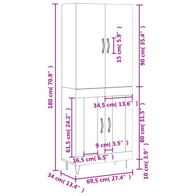 vidaXL Highboard Black 69.5x34x180 cm Engineered Wood