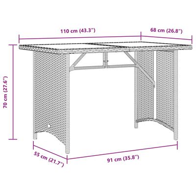 vidaXL Garden Table with Glass Top Brown 110x68x70 cm Poly Rattan