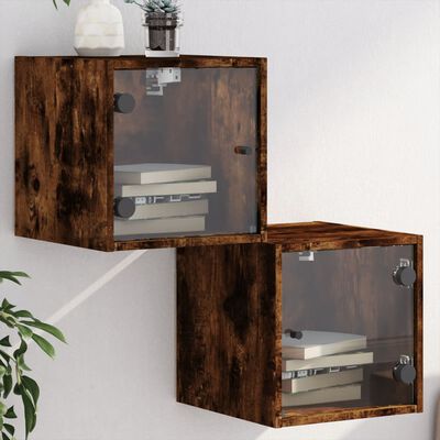 vidaXL Bedside Cabinets with Glass Doors 2 pcs Smoked Oak 35x37x35 cm