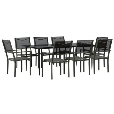 vidaXL 9 Piece Garden Dining Set Black Steel and Textilene