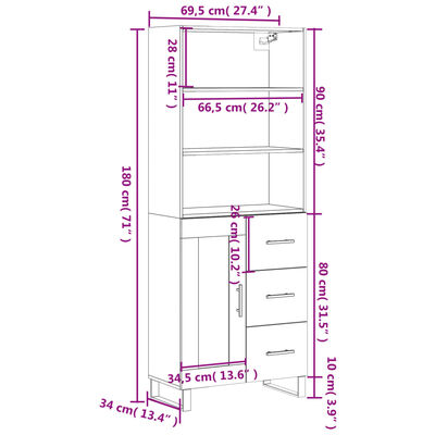 vidaXL Highboard Concrete Grey 69.5x34x180 cm Engineered Wood