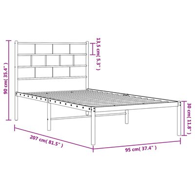 vidaXL Metal Bed Frame without Mattress with Headboard White 90x200 cm