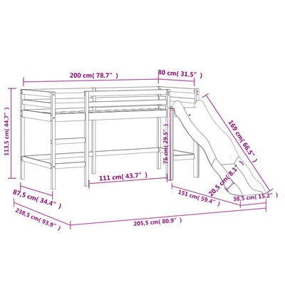 vidaXL Kids' Loft Bed with Curtains without Mattress White&Black 80x200 cm