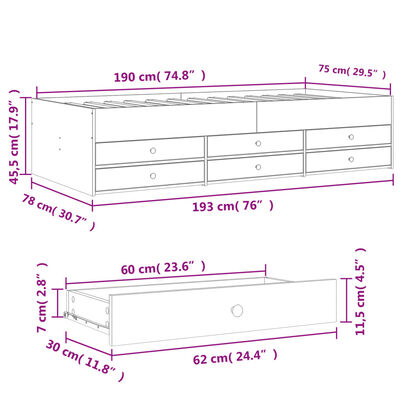 vidaXL Daybed with Drawers without Mattress Brown Oak 75x190 cm Small Single