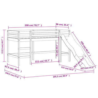 vidaXL Kids' Loft Bed with Curtains without Mattress White&Black 90x200 cm