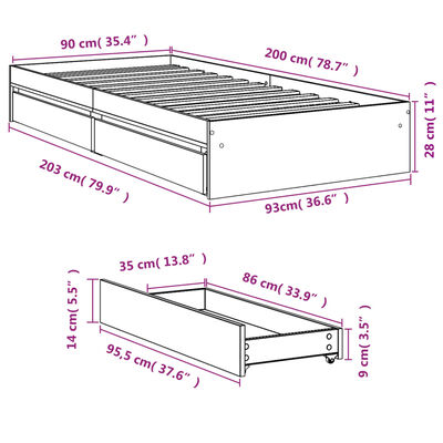 vidaXL Bed Frame with Drawers without Mattress Sonoma Oak 90x200 cm