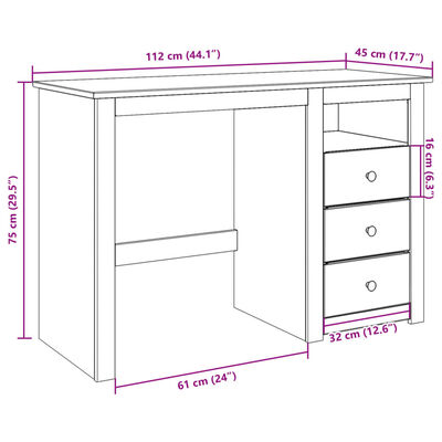 vidaXL Desk Panama 112x45x75 cm Solid Wood Pine