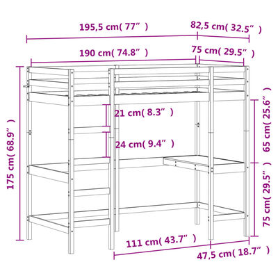 vidaXL Loft Bed without Mattress 75x190 cm Small Single Solid Wood Pine