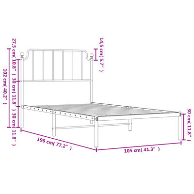 vidaXL Metal Bed Frame without Mattress with Headboard White 100x190 cm