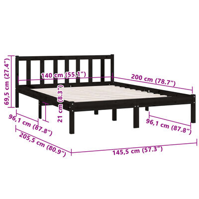 vidaXL Bed Frame without Mattress Black Solid Wood 140x200 cm