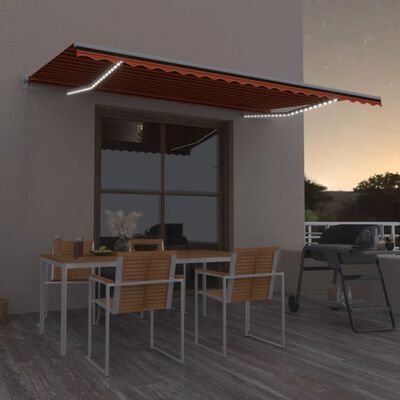 vidaXL Manual Retractable Awning with LED 500x300 cm Orange and Brown