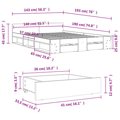 vidaXL Bed Frame with Drawers without Mattress Sonoma Oak 140x190 cm