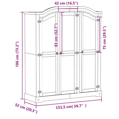 vidaXL Wardrobe Corona White 151.5x52x186 cm Solid Wood Pine