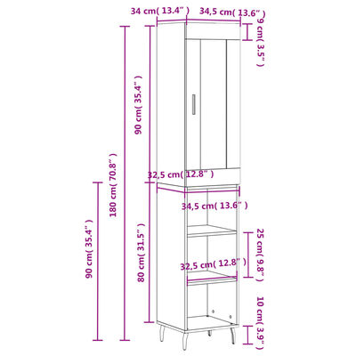 vidaXL Highboard High Gloss White 34.5x34x180 cm Engineered Wood