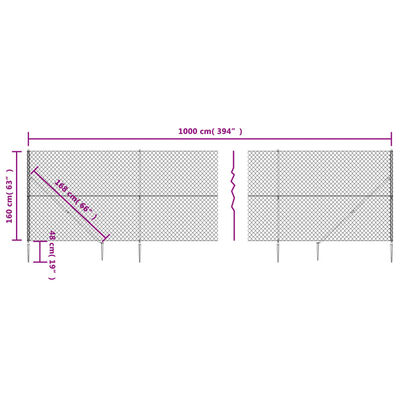 vidaXL Chain Link Fence with Spike Anchors Silver 1.6x10 m