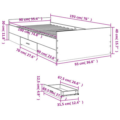 vidaXL Bed Frame with Drawers without Mattress Grey Sonoma 90x190 cm Single