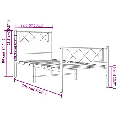 vidaXL Metal Bed Frame without Mattress with Footboard White 75x190 cm Small Single