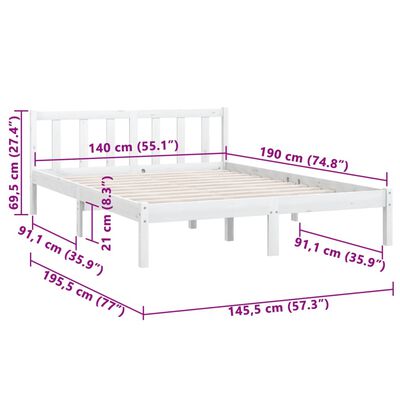 vidaXL Bed Frame without Mattress White Solid Wood 140x190 cm