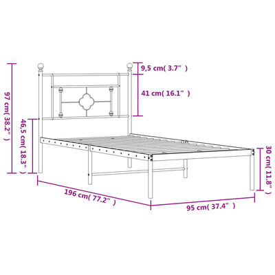 vidaXL Metal Bed Frame without Mattress with Headboard Black 90x190 cm Single