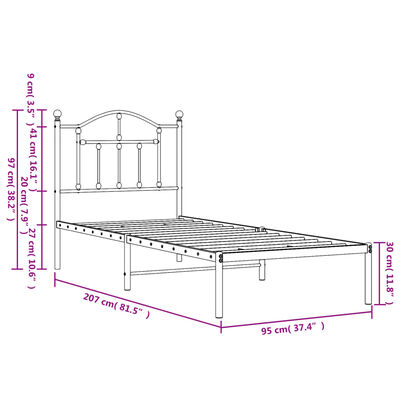 vidaXL Metal Bed Frame without Mattress with Headboard White 90x200 cm