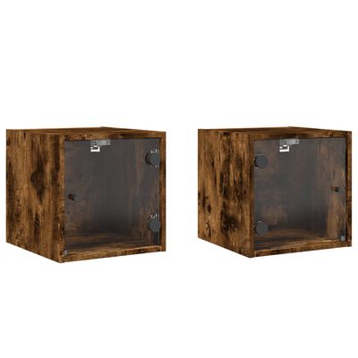 vidaXL Bedside Cabinets with Glass Doors 2 pcs Smoked Oak 35x37x35 cm