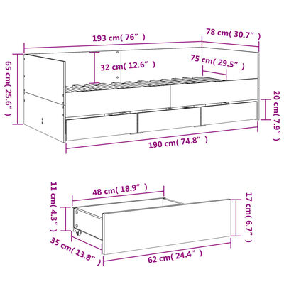 vidaXL Daybed with Drawers without Mattress Grey Sonoma 75x190 cm Small Single