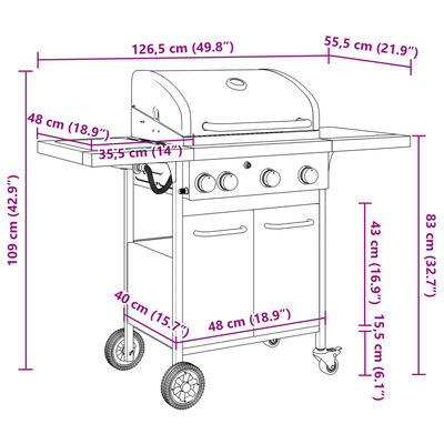 vidaXL Gas BBQ Grill with 4 Burners Black Powder-coated Steel