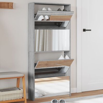 vidaXL Shoe Cabinet with Mirror 4-Layer Grey Sonoma 63x17x134 cm