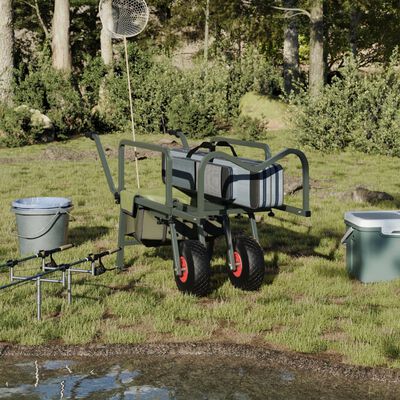 vidaXL Fishing Trolley Green with 2 Wheels Powder-coated Steel