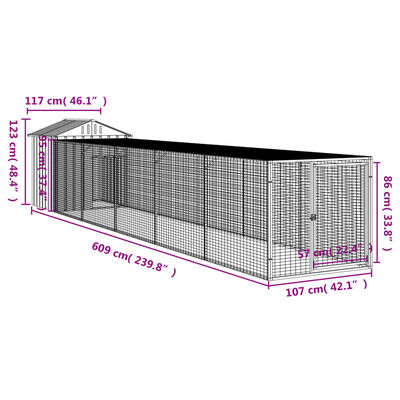 vidaXL Chicken Cage with Run Light Grey 117x609x123 cm Galvanised Steel