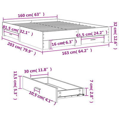 vidaXL Bed Frame with Drawers without Mattress Brown Oak 160x200 cm