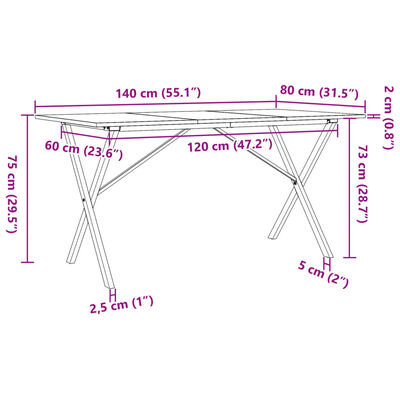 vidaXL Dining Table X-Frame 140x80x75 cm Solid Wood Pine and Cast Iron