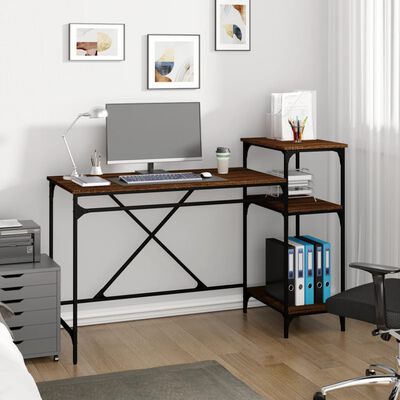 vidaXL Desk with Shelves Brown Oak 135x50x90 cm Engineered Wood&Iron