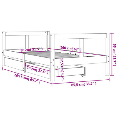 vidaXL Kids Bed Frame with Drawers White 80x160 cm Solid Wood Pine