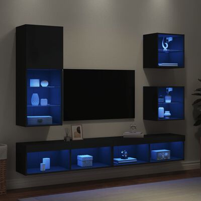 vidaXL 5 Piece TV Wall Units with LED Black Engineered Wood