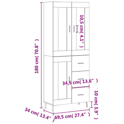 vidaXL Highboard Concrete Grey 69.5x34x180 cm Engineered Wood