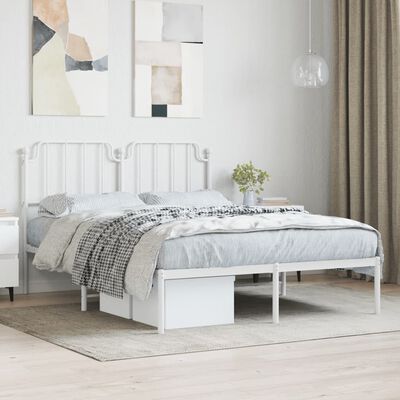 vidaXL Metal Bed Frame without Mattress with Headboard White 135x190 cm Double