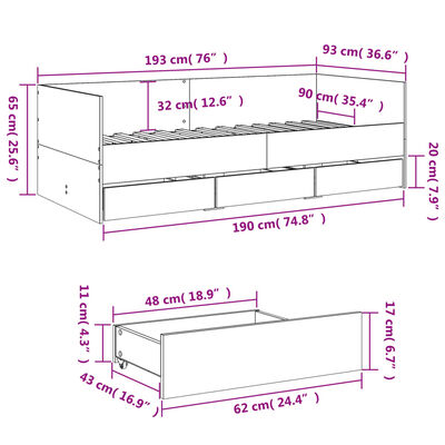 vidaXL Daybed with Drawers without Mattress Brown Oak 90x190 cm Single