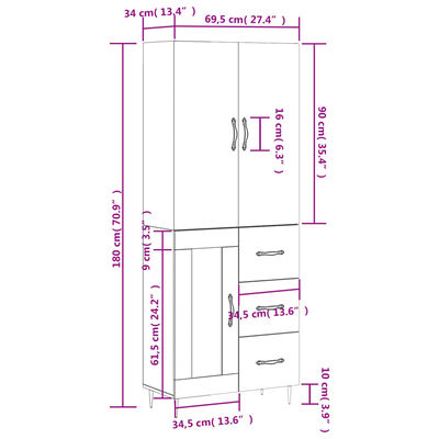 vidaXL Highboard White 69.5x34x180 cm Engineered Wood