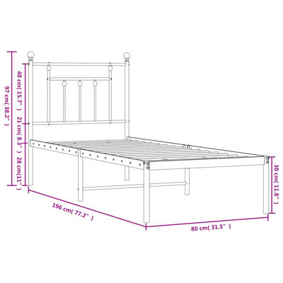 vidaXL Metal Bed Frame without Mattress with Headboard White 75x190 cm Small Single