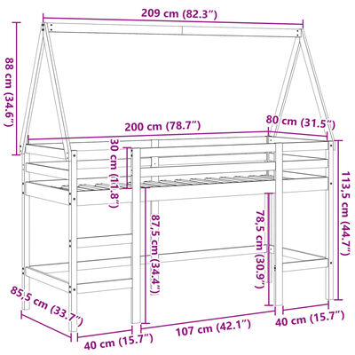 vidaXL Loft Bed with Ladder and Roof without Mattress 80x200 cm