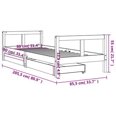 vidaXL Kids Bed Frame with Drawers Black 80x200 cm Solid Wood Pine