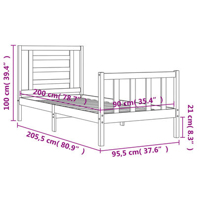 vidaXL Bed Frame without Mattress Black 90x200 cm Solid Wood Pine