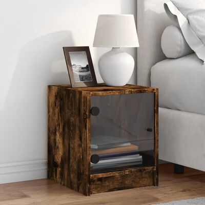 vidaXL Bedside Cabinet with Glass Door Smoked Oak 35x37x42 cm