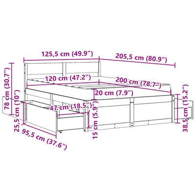 vidaXL Bed with Drawers and Mattress 120x200 cm Solid Wood Pine