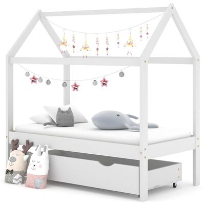 vidaXL Kids Bed Frame with a Drawer White Solid Pine Wood 70x140 cm