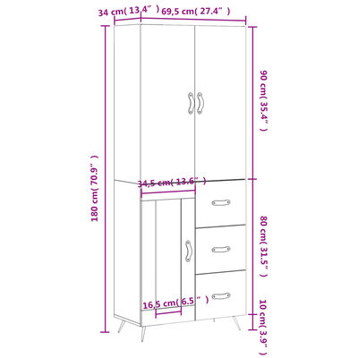 vidaXL Highboard High Gloss White 69.5x34x180 cm Engineered Wood