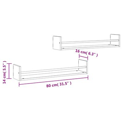 vidaXL Wall Shelves with Bars 2 pcs Sonoma Oak 80x16x14 cm